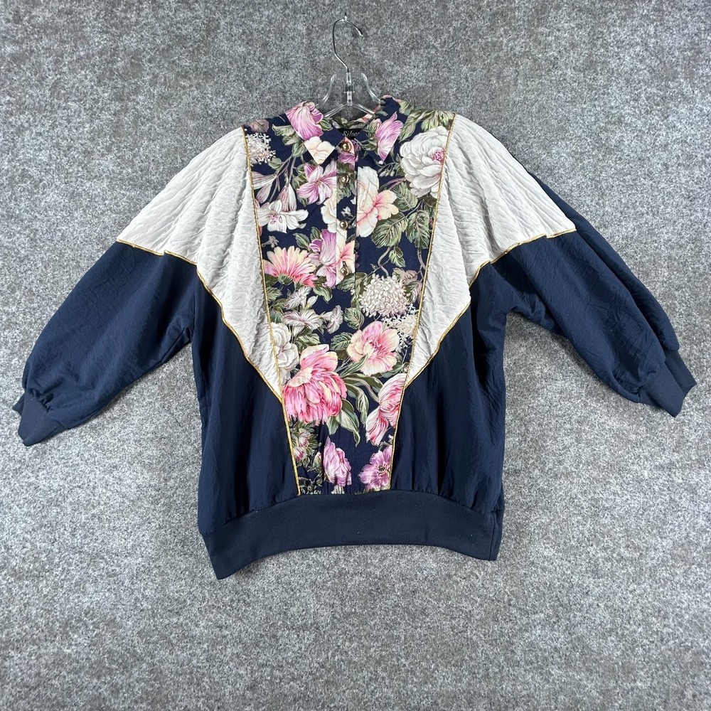 Silver Threads Boho Shirt Womens L Navy White‎ Stylish Button Pink Flower Print